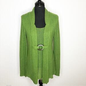 Stera green crochet knit front buckle layered sweater size Large
